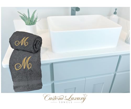 Grey Hand Towels for Bathroom - Monogrammed | Luxury Cotton Turkish Towels | Embroidered in USA | Set of 2 | Choose Set Color and Letter | A - Z | Script Font - color: Grey