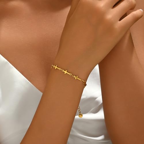 18K Gold Plated Pearl Beaded Cross Bracelets for Women Adjustable - color: Multi Cross-Gold