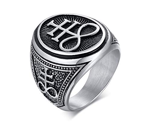 VNOX Sigil of Lucifer Seal of Satan Symbol Signet Ring Band for Men Boys,Talisman Amulet Jewelry - color: Silver-Satan Cross