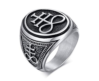 VNOX Sigil of Lucifer Seal of Satan Symbol Signet Ring Band for Men Boys,Talisman Amulet Jewelry - color: Silver-Satan Cross