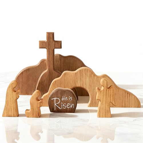 Easter Decorations, Wooden Empty Tomb Resurrection Decor, Cross Jesus Tomb Tray Set, Nativity Scene Decor, Religious Tabletop Easter Decor for Home and Office, Christian Gifts