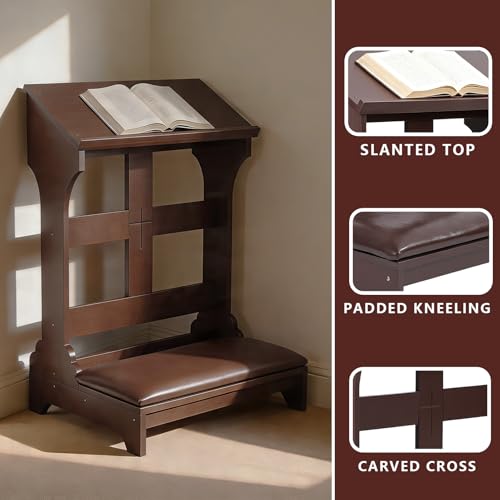Prayer Kneeler Bench, Solid Wood Prayer Bench with Padded Kneeling Cushion and Bible Holder Shelf, Christian Kneeling Benches for Home Church Worship Meditation and Religious Prayer Room Furniture