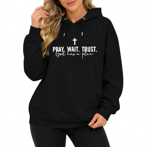 Wrenpies Christian Faith Hoodie for Women Jesus God Religious Bible Verse Hoodies Cross Pray Wait Trust Graphic Sweatshirt - color: Black, size: XX-Large