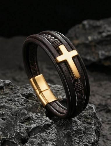Mens Leather Cross Bracelet Braided Multi Layer Wristband with Stainless Steel Clasp - Christian Religious Gifts for Him(Brown/Black/Blue) - color: Brown Leather&Gold Plated, size: 8.3in(Fits most wrists)