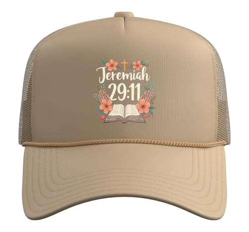 Jeremiah 29:11 Bible Verse Flowers Christian Faith Women Trucker Hat with Adjustable Mesh Back - color: Khaki
