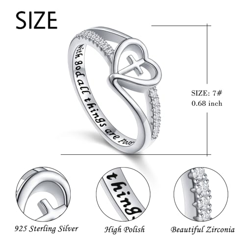 S925 Sterling Silver Christian Cross Heart Faith Bible Verse Ring for Women
