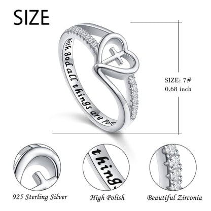 S925 Sterling Silver Christian Cross Heart Faith Bible Verse Ring for Women