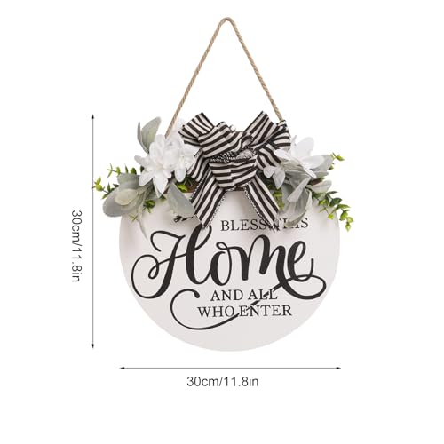 Welcome Sign for Front Door, 11.8 Inch Bless This Home and All Who Enter Sign with Wreaths, Round Wood Wall Hanging Decor for Home Front Porch Outdoor
