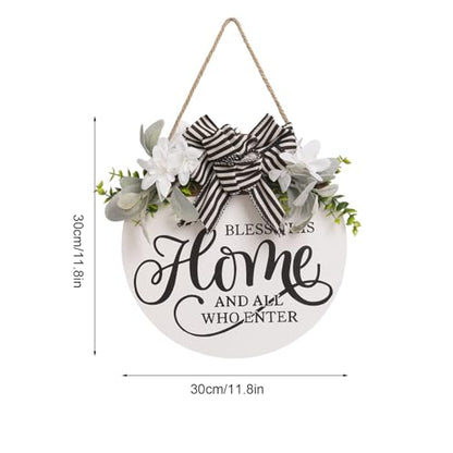Welcome Sign for Front Door, 11.8 Inch Bless This Home and All Who Enter Sign with Wreaths, Round Wood Wall Hanging Decor for Home Front Porch Outdoor