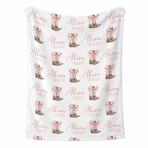 Personalized Cowgirl Name Swaddle Floral Girl Name Blanket, Pink Bow Boots Pattern Design, Custom Name Toddler Kids Throw Blanket, Western Nursery Decor, Baby Girl Gift - color: Cowgirl Name Swaddle Floral Girl Name Blanket