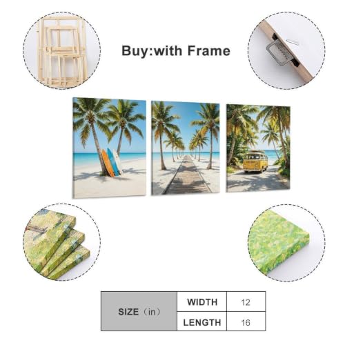 BAEMEFLE 3pcs Frame Beach Surfing Wall Art Canvas Prints - color: Beach-1, size: 16"L x 12"W