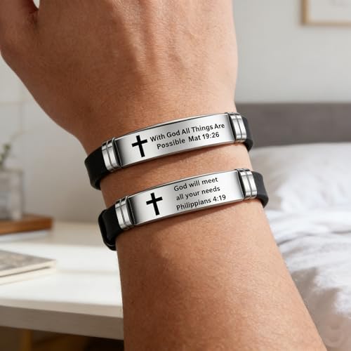 2Pcs Inspirational Quote Cross Bracelets Faith Christian Bible Verse Silicone ID Wristband Religious Bracelet Set Gift for Men Women - style: BR020-3/014