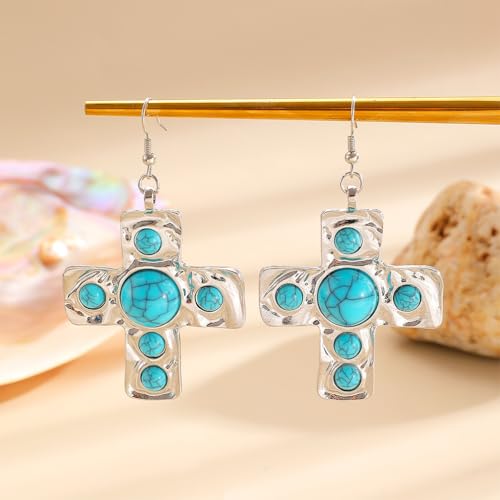Chunky Gold Silver Cross Drop Dangle Earrings for Women Statement Western - color: Silver-Turquoise