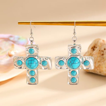 Chunky Gold Silver Cross Drop Dangle Earrings for Women Statement Western - color: Silver-Turquoise