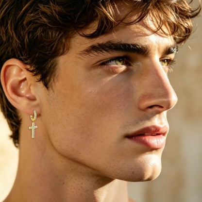 NEWITIN CZ Cross Earrings for Men Women 14K Gold Plated Huggie Hoop Earring - color: Gold B