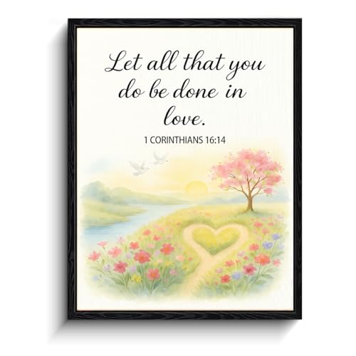 Watercolor heart path meadow with blossoms and doves, “Let all that you do be done in love” 1 Corinthians 16:14 Christian wall decor, matte framed wall art for nursery or living room, 8x10 inch - color: 1 corinthians 16:14【Framed】, size: 8"L x 10"W