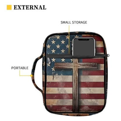Suobstales American Flag Cross Print Bible Covers for Women Men Bible Case Bible Bag Bible Accessories with Handle and Zippered Pocket Bible Tote Bag for Women Men - color: American Flag Cross 1