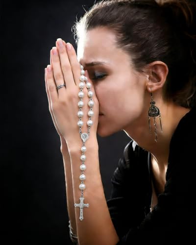 Rosary Beads for Women - Catholic Rosary Beads with Cross, Pink Crystal Rosary Necklace with Velvet Pouch, Religious Gifts for Women - color: White