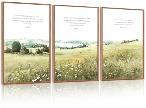 KAIRNE Scripture Christian Canvas Wall Art,Bible Verse Prints Set of 3(16”X24”),Modern Scripture Floral Wall Decor,Framed Green Countryside Field Paintings for Living Room Bedroom Ding Room Decor