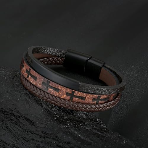 Mens Cuff Cross Bracelet Multi-Layer Braided Leather Cross Bracelet for Religious Bangle Wristband Faith Christian Jewelry for Men Teen - color: D.Brown, size: 8.3in(21~21.5cm, Fits most wrists)