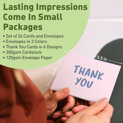 S&O Thank You Cards with Envelopes - Blank Decor sheets for Handwritten Messages -Greeting Notes and Covers Set of 24 - Assorted Thank You Cards with Stylish Color Envelopes to Mix & Match (Pack of 2) - size: 5.5 inches x 4 inches (Pack of 2)