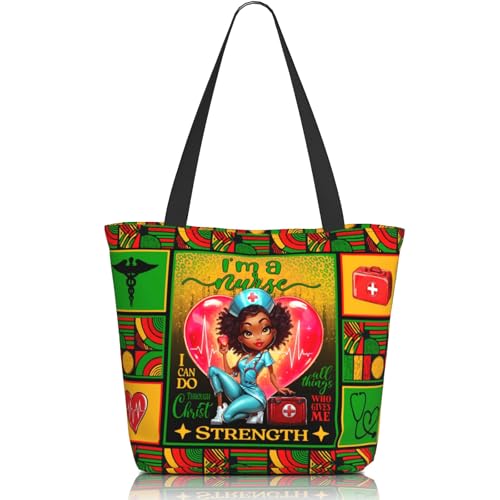 Tote Bag For Women, Tote Bag With Zipper Large Shoulder Bag For Women Travel, Work, Office, College, Nursing - color: African American Nurse