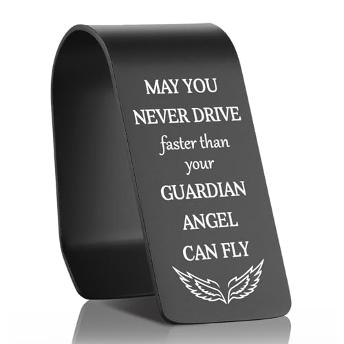 May You Never Drive Faster Than Your Guardian Angel Can Fly Engraved Stainless Steel Car Visor Clip, Christian Inspirational Gift for Women Men, Religious Safe Driving Reminder EDG23 - color: Black-G23