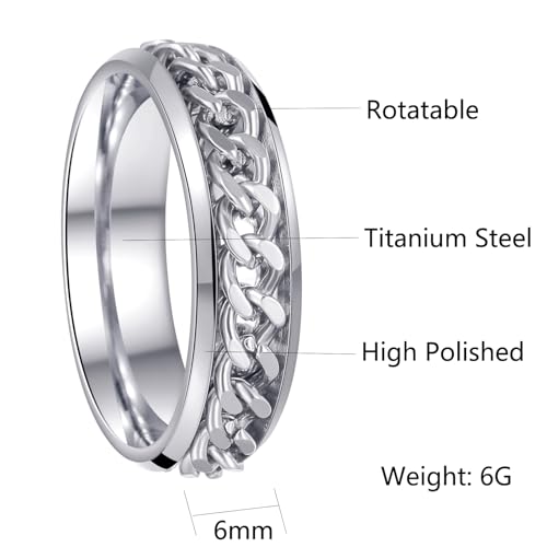 Mens Fidget Rings Anxiety Ring for Men 6mm 8mm Chain Spinner Ring Size 5-14 - color: Titanium Silver Silver