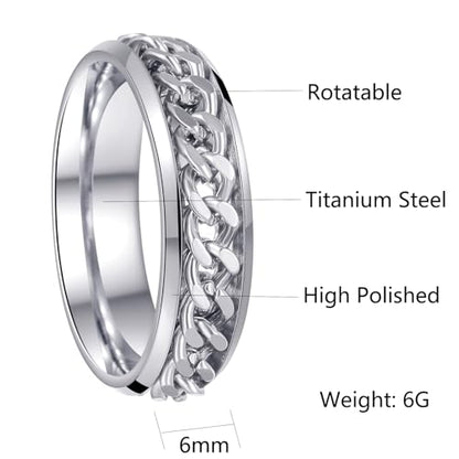 Mens Fidget Rings Anxiety Ring for Men 6mm 8mm Chain Spinner Ring Size 5-14 - color: Titanium Silver Silver