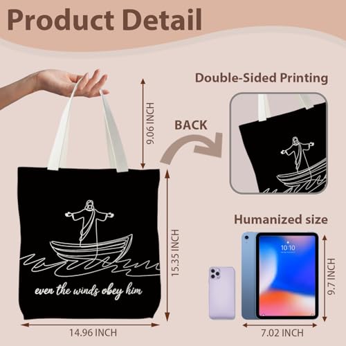 kunlisa Christian Tote Bag for Women, Christian Gifts for Women Faith Canvas Tote Bag - color: Even the Winds Obey Him
