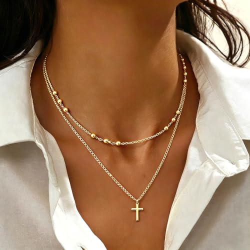 Sterling Silver Plated Cross Necklace 14K Gold Layered Beads Necklace Chain Waterproof Trendy Jewelry for Women - color: Gold