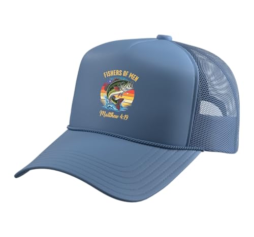 Fishers of Men Matthew 4-19 Bible Christian Fishing Lover Trucker Hat with Adjustable Mesh Back - color: Light Blue