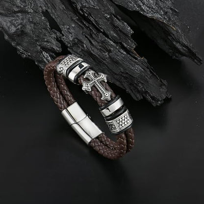 Mens Christian Cross Double Row Leather Bracelet, Religious Braided Cuff Bracelet for Men - color: Brown, size: 8.5 inches