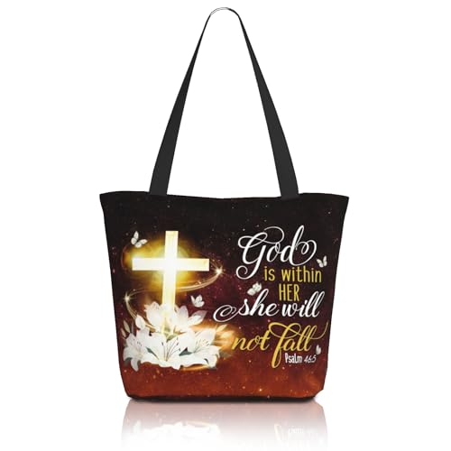 Women's Canvas Tote Bag with Zipper, Large Capacity Shoulder Bag for Work, Travel & Daily Use, Gifts for Mom - color: God is Within Her She Will Not Fall