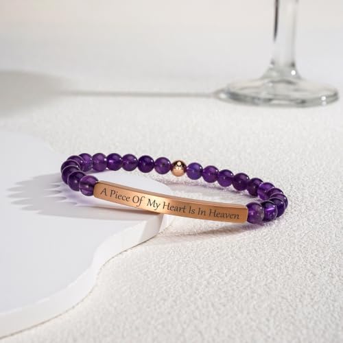 Amethyst Christian Bracelet for Women, 18K Gold Plated Bible Verse Jewelry, Inspirational Religious Faith Gift, Scripture Jewelry for Encouragement & Strength - color: A piece of my heart is in heaven-Amethyst Rose Gold