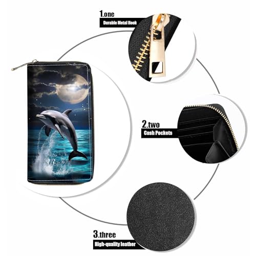 Dolphin Under The Moon Print Wallet for Women Large Capacity Wallet Credit Card Holder PU Leather Zipper Clutch Purse Phone Wallet - color: Dolphin Under The Moon