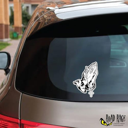 Praying Hands and Rosary Car Decal Show Off Your Faith - Premium Gloss Permanent Vinyl Sticker - Black & White - Waterproof and Weatherproof