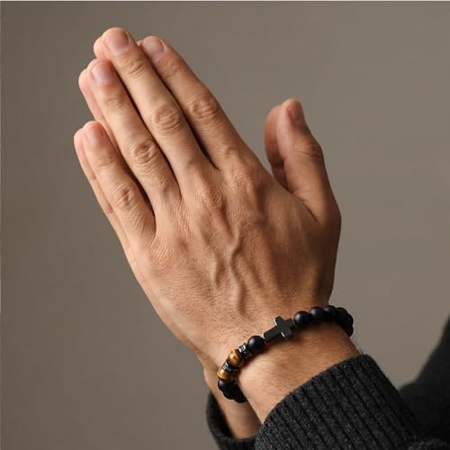 QWNHONEY Cross Bracelet for Men Son Brother Baptism Communion Birthday Anniversary Christmas Christian Black Tiger Eyes Bead - style: On your confirmation