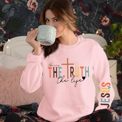 Tuislay Christian Sweatshirt Womens Jesus God Pullover Bible Verse Crewneck Sweatshirts Religious Cross Graphic Shirts - color: Pink, size: Small