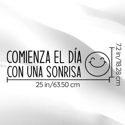 Vinyl Wall Art Decal - Comienza El Día Con UNA Sonrisa/Start The Day with A Smile - 7.2" x 25" - Positive Inspiring Spanish Quote Sticker for Bedroom Kids Room Daycare School Decor