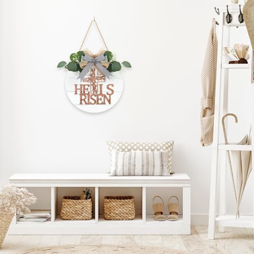 TOARTi He is Risen Easter Front Door Sign Wreath (11.4"x11.4"), Rustic Christian Cross Wall Sign Hanging Plaque, Farmhouse Religious Home Wooden Door Decoration for Housewarming Easter Gift