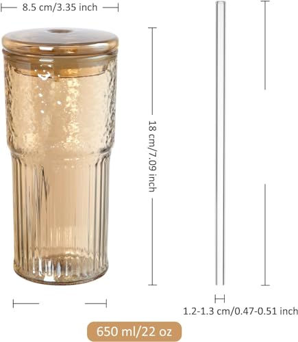 Joeyan 22 oz Amber Glass Tumbler with Straw and Lid,Ribbed Glasses Cups - color: Amber colored glass tumbler