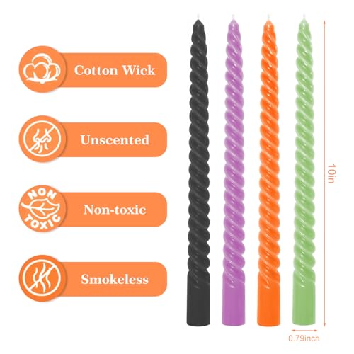 Whaline 8Pcs 10 Inch Halloween Spiral Taper Candles Black Orange Purple Green Dripless Twisted Wax Candles Long Unscented Candle Sticks for Home Party Supplies - color: Halloween