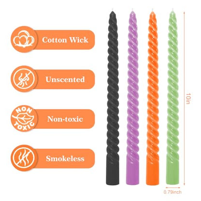 Whaline 8Pcs 10 Inch Halloween Spiral Taper Candles Black Orange Purple Green Dripless Twisted Wax Candles Long Unscented Candle Sticks for Home Party Supplies - color: Halloween