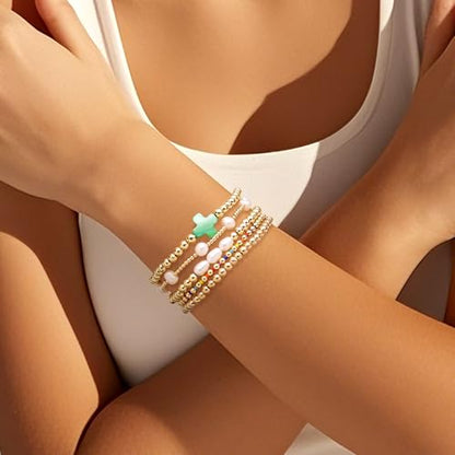 Gold Pearl Beaded Cross Bracelets Stack Set for Women, Boho Handmade Colorful Small Beads Stretchable Jewelry Friendship Summer Trendy Gift. - color: green