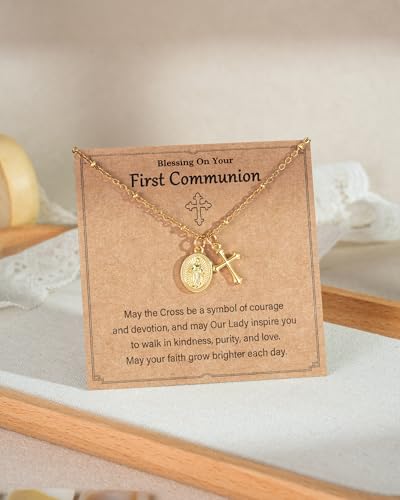 Tarsus Catholic Baptism/First Communion/Confirmation Gifts for Girls, Cross Virgin Mary Pendant Necklace Faith-Inspired Jewelry for Girls Teens - style: Communion