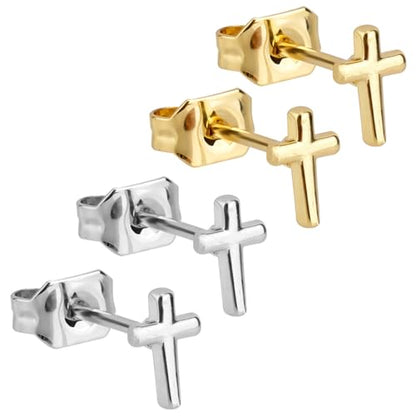4pcs Cross Earrings for Women, Flat Back Cross Stud Cartilage Piercing Jewelry for Everyday Wear (Silver, Gold)