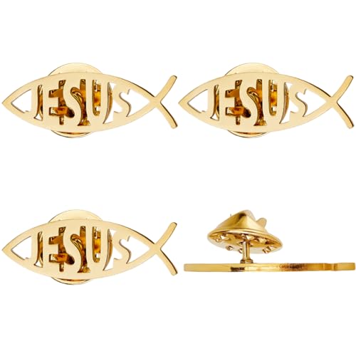 SUPERFINDINGS 4Pcs 304 Stainless Steel Lapel Pin Backs Jesus fish brooch Cartoon Fish Pin Christian Jewelry for Coat Shirt Suit Collar Accessories Gift - color: Golden