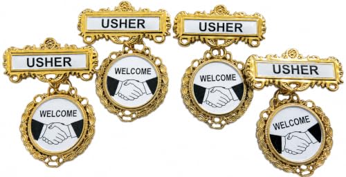 Church Usher Badge Pin Set of 4 – Premium Golden Metal Welcome Usher Name Badges with Secure Pin Back, Large Easy-to-Read Hospitality Ministry Identification for Church Greeters, Volunteers, Conferences & Events