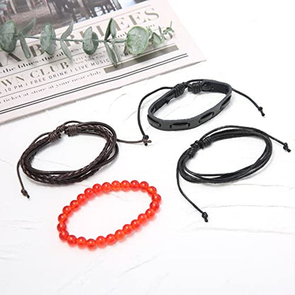 HZMAN Handmade Hemp Cords Wood Beads Leather Bracelets for Men Women - style: Red Onyx Stone